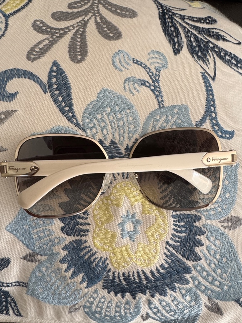 Salvatore Ferragamo White Aviator Sunglasses with silver logo plates